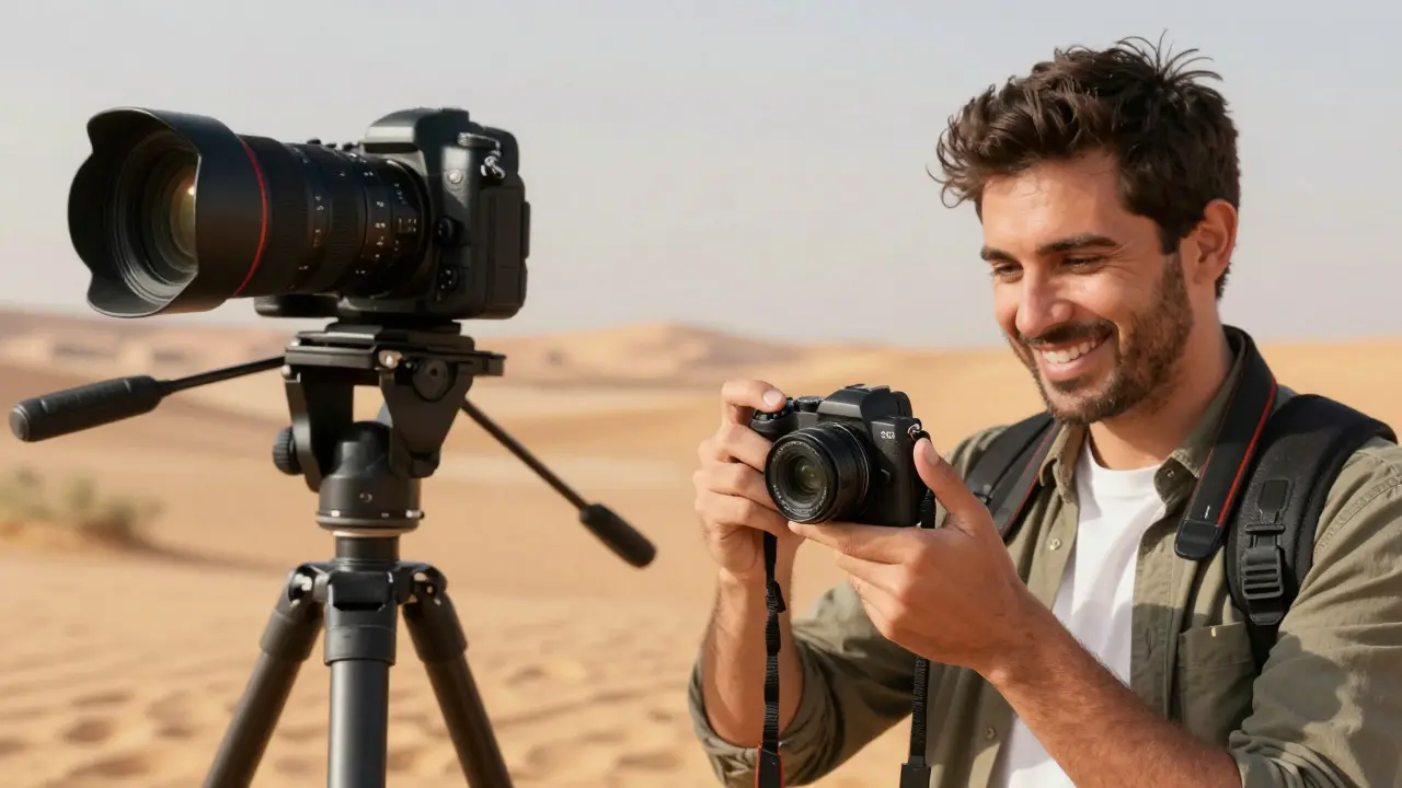 Photographer using a compact camera in a UAE desert landscape