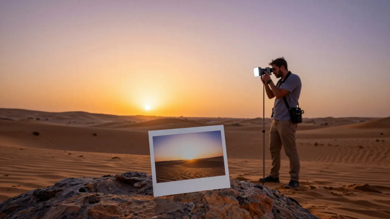Photographer using a light meter in a desert during golden hour