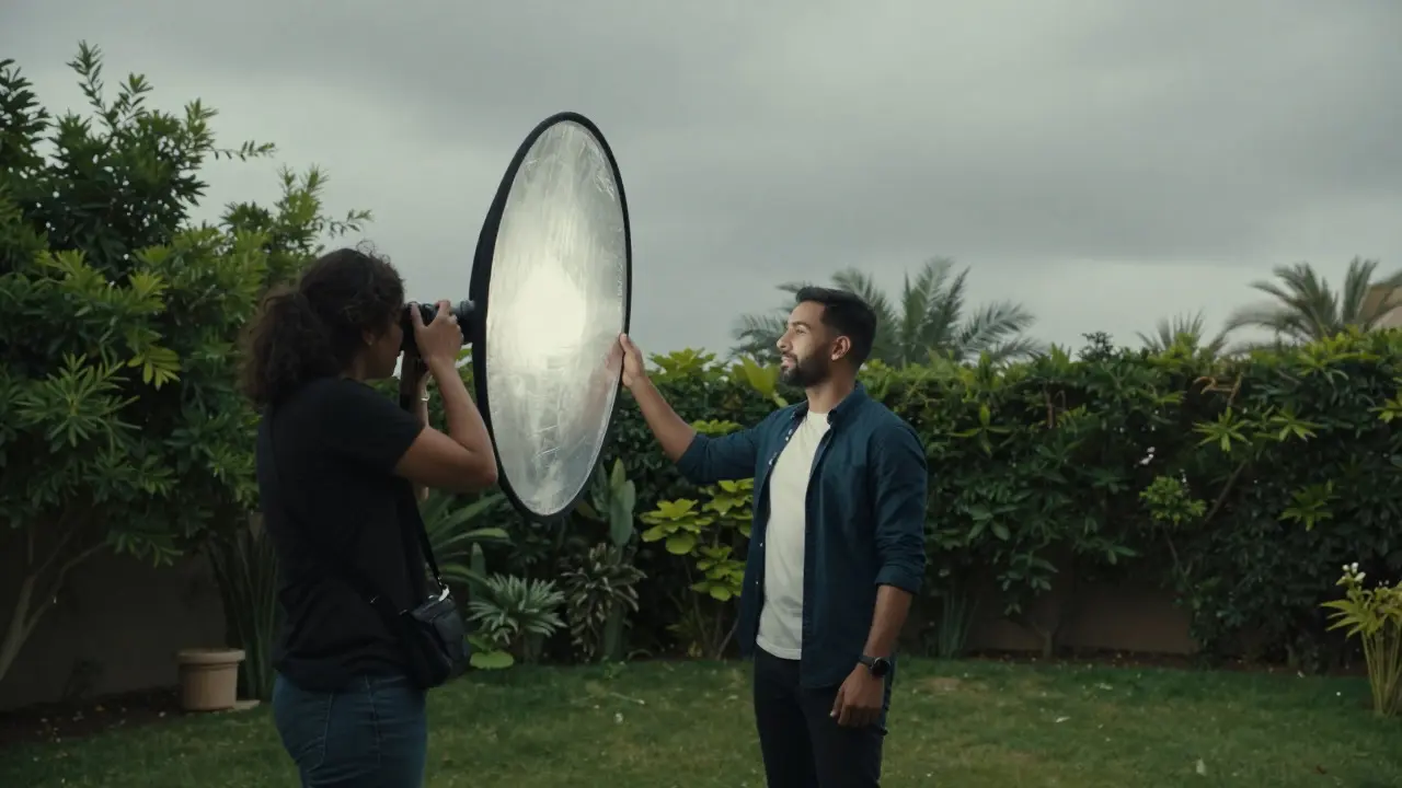 Photographer using a reflector on a subject under an overcast sky