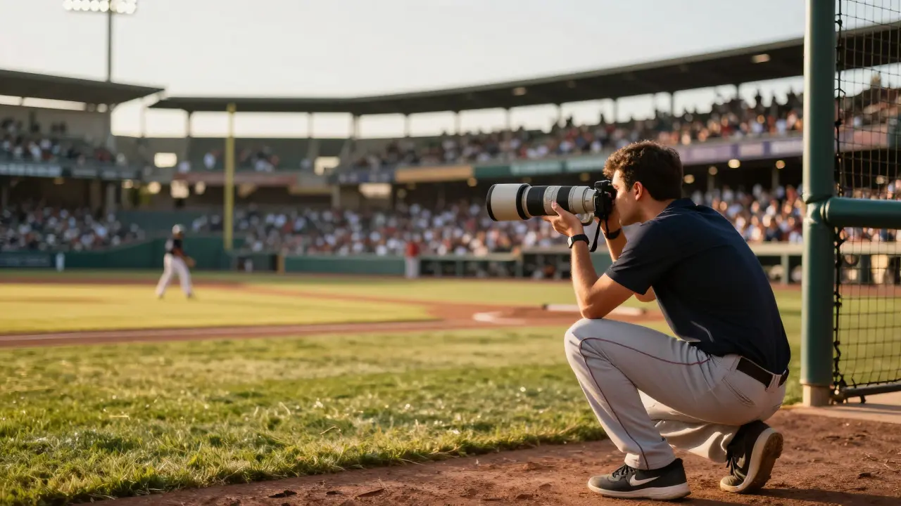 Photographer using a telephoto lens near the outfield fence