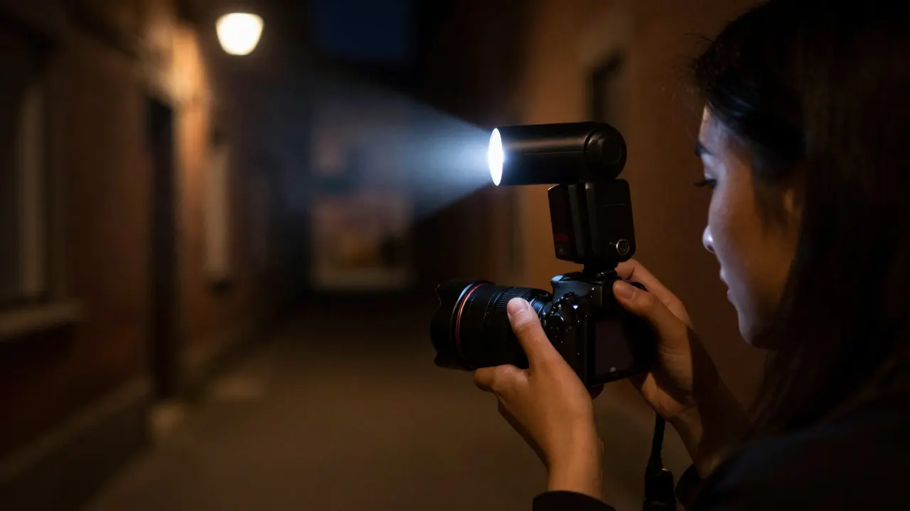 Photographer using flash to illuminate a subject in a dark alley