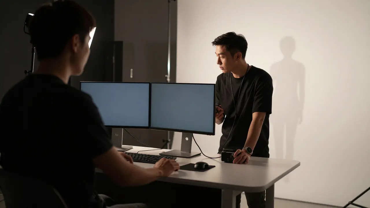 Photographer using hardware shutter release in studio setting