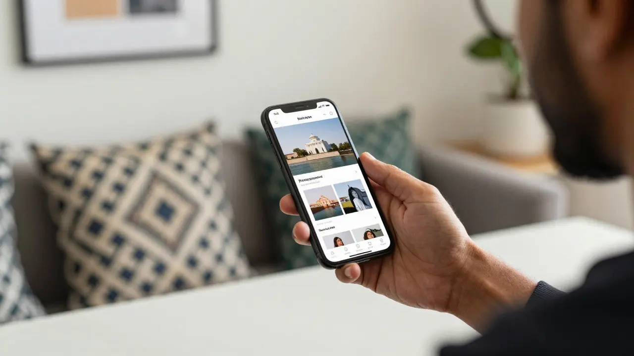 Photographer viewing a responsive mobile portfolio on a smartphone in a modern home office