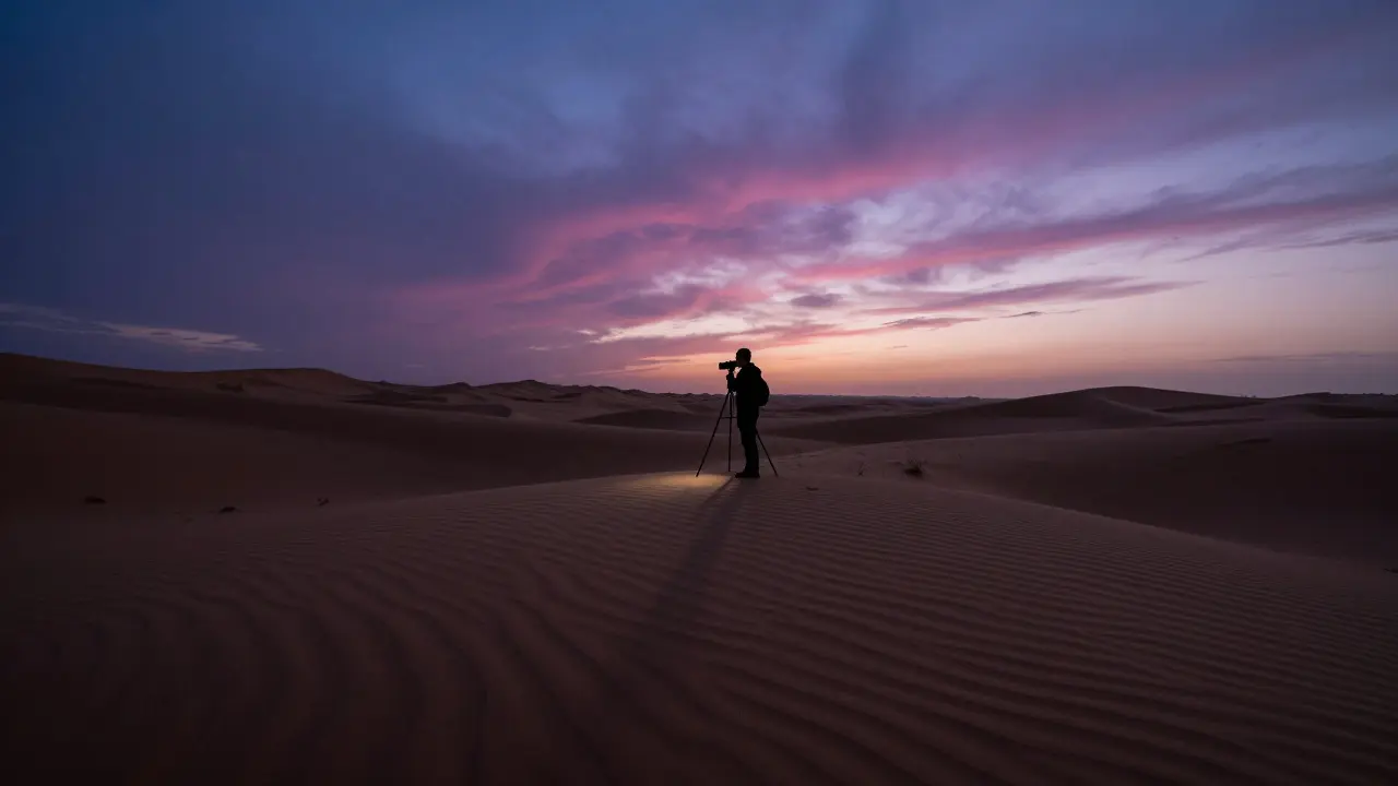 Photographer with tripod in desert at twilight with leading lines