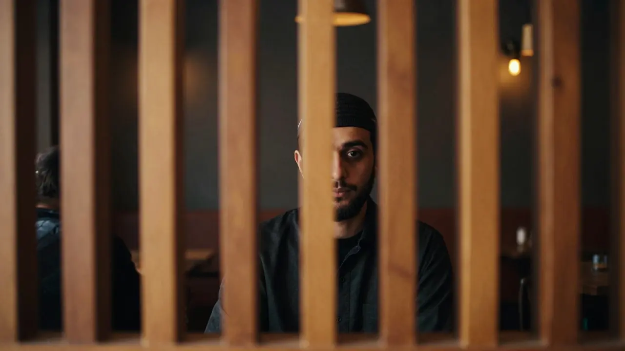 Portrait of a person seen through blurred wooden slats in a warm, dimly lit cafe