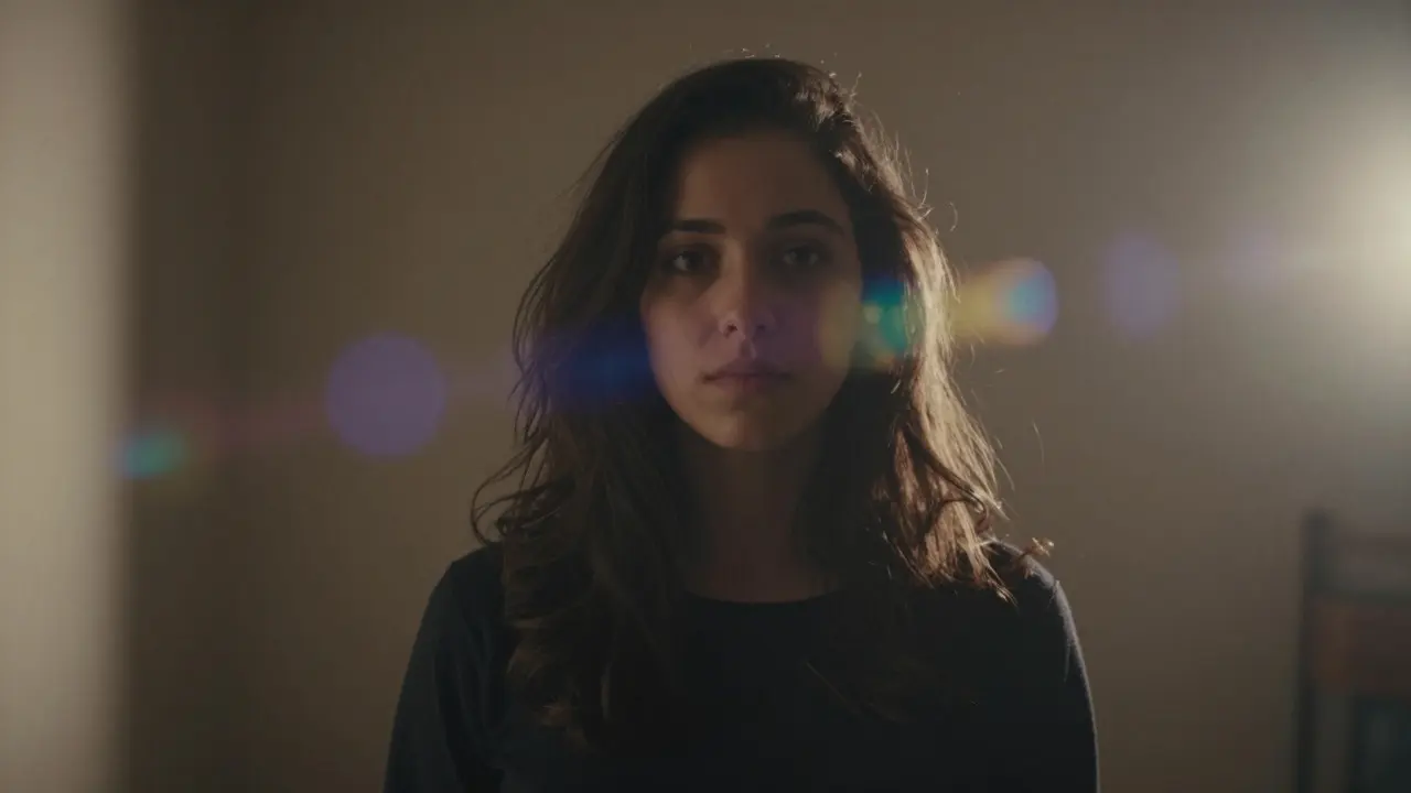 Portrait with subtle lens flare and light leak effects in a dim room