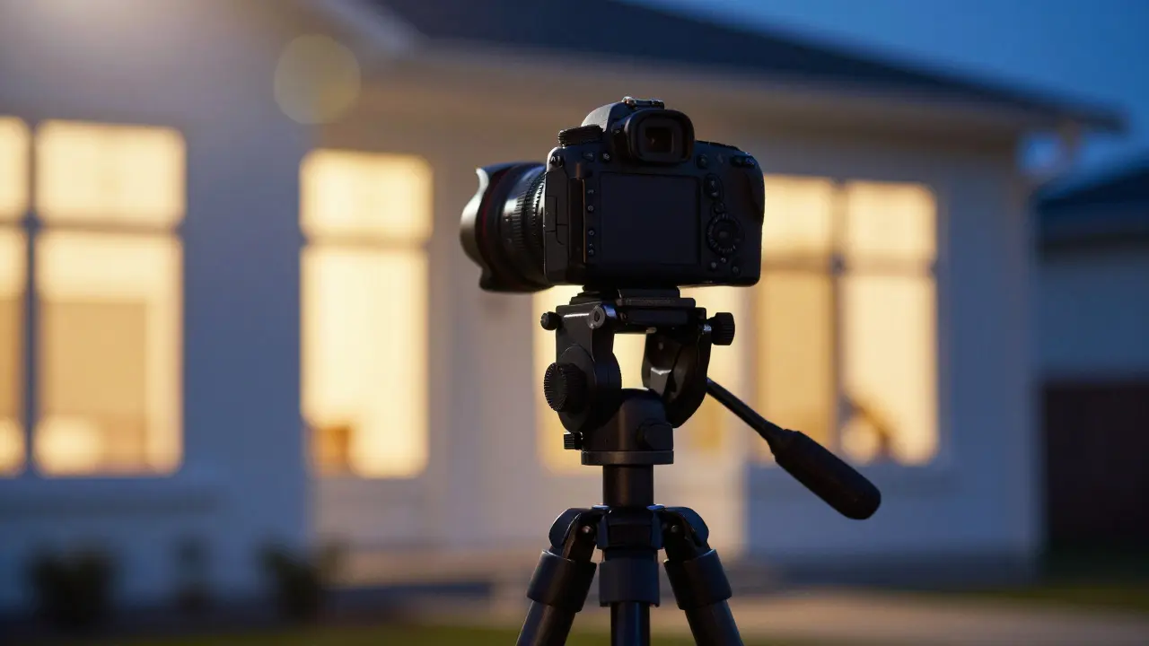 Professional camera on a tripod capturing a house exterior during twilight