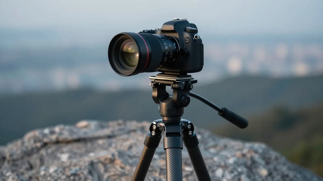 Professional camera on a tripod set up for panoramic photography on a rock