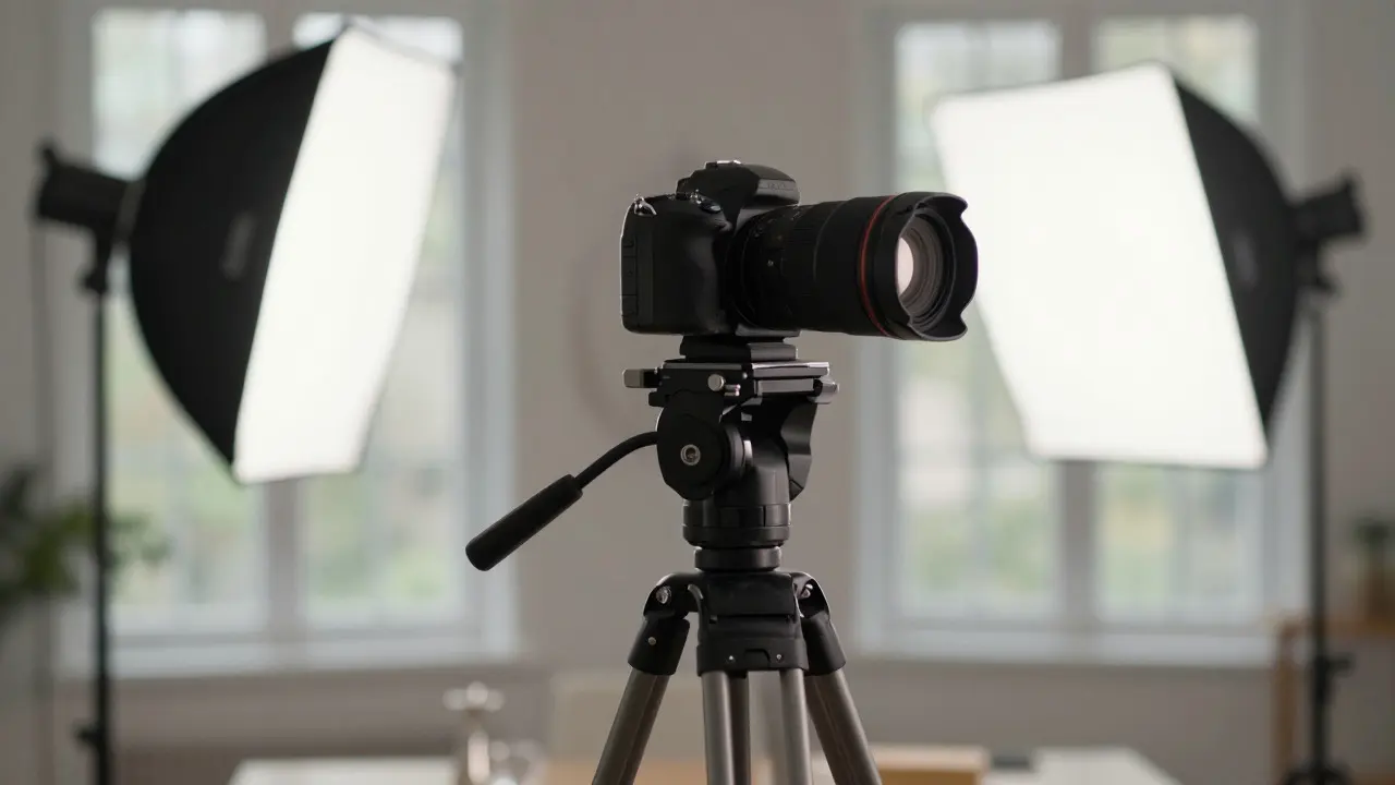 Professional camera setup on tripod in a bright interior space