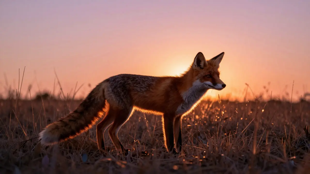 Red fox silhouette outlined in golden light against a sunset field