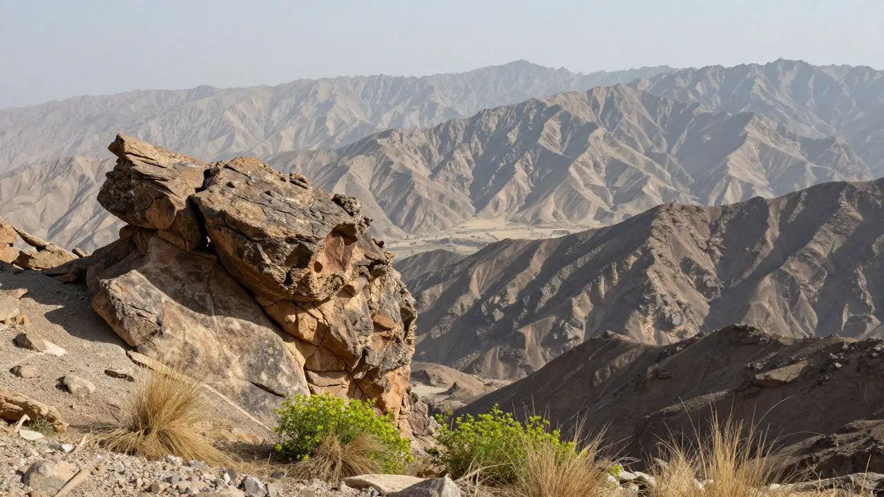 Rugged rock and wildflowers in the foreground with the Hajar Mountains stretching into the hazy distance