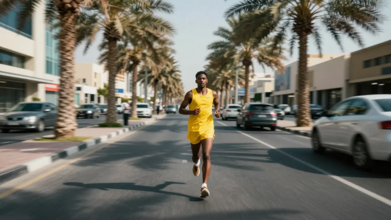 Runner sprinting down a city street with blurred palm trees and cars in the background