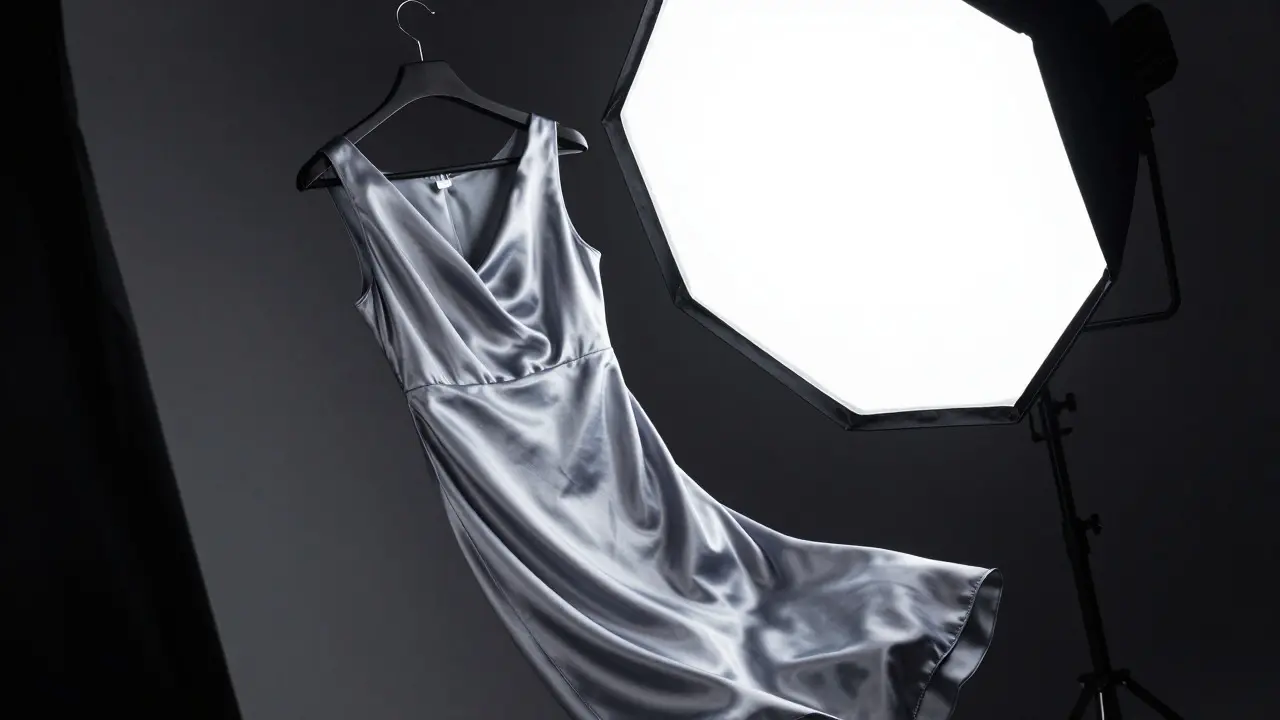 Satin dress reflecting controlled light streaks in a studio setting
