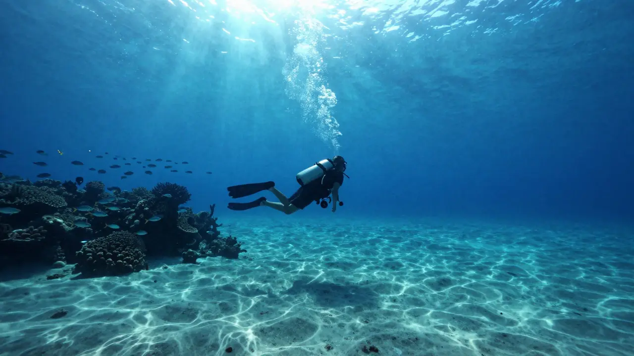 Scuba diver swimming across a wide coral reef panorama