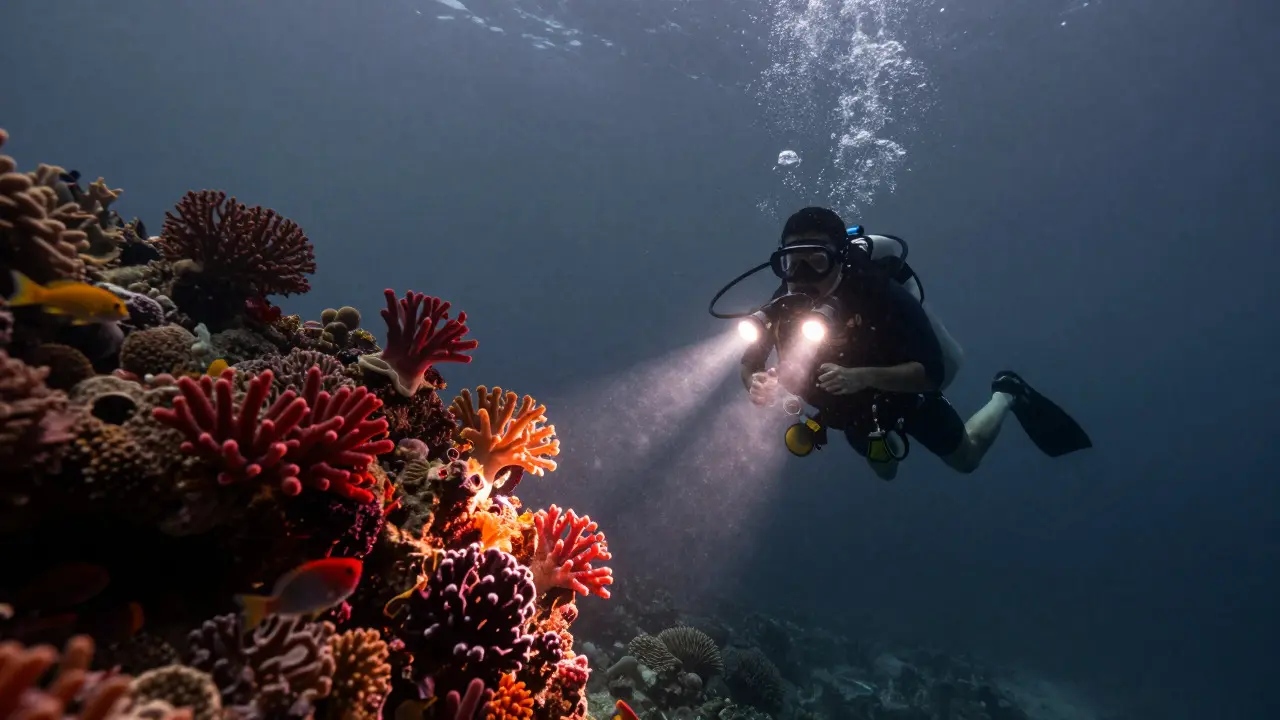 Scuba diver using strobes to restore color on a deep reef wall