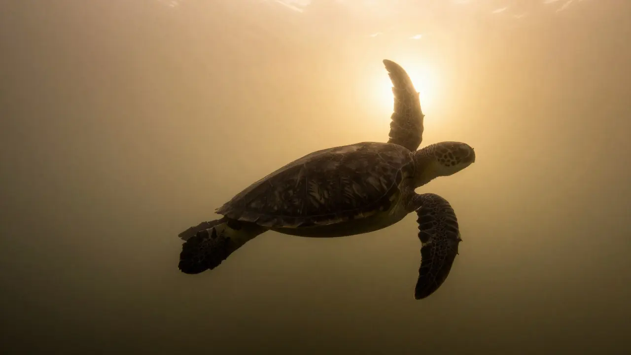 Sea turtle silhouette swimming through backlit murky water