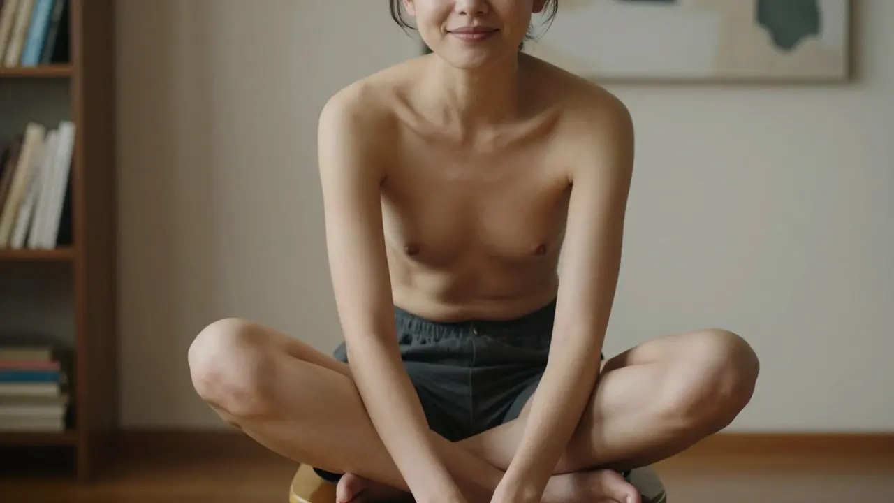 Seated portrait on a stool with upright posture and soft lighting