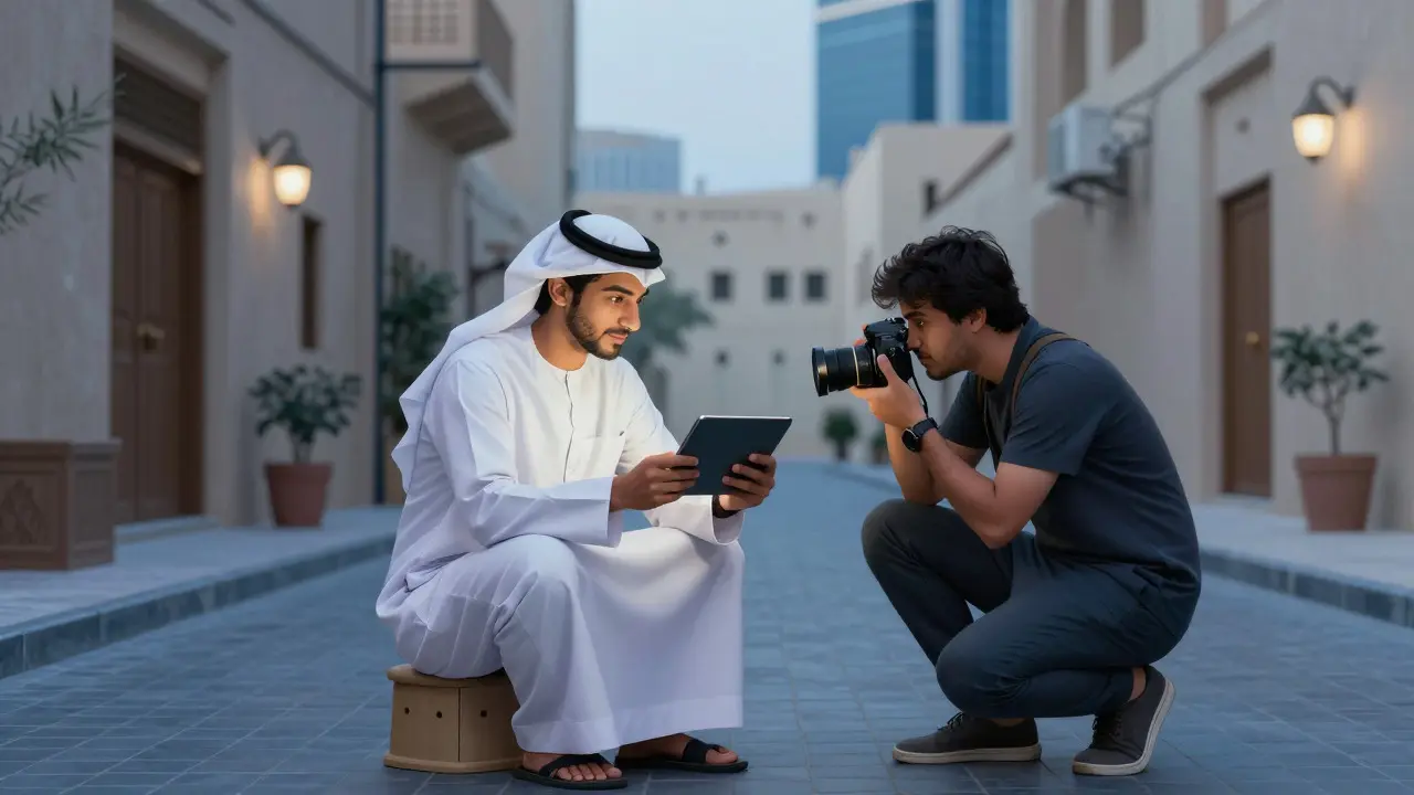 Sharing a photo with a local artisan in a Dubai alley at dusk
