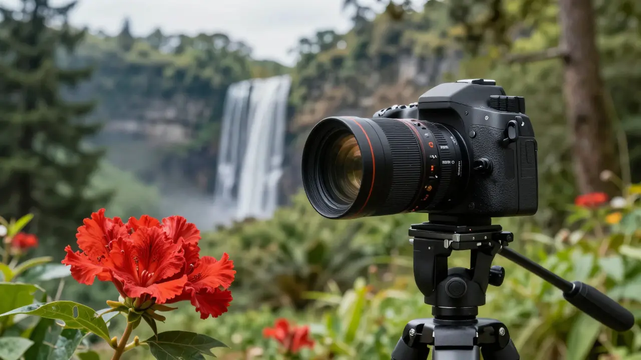 Sharp forest scene showing a flower and distant mountains with a tripod leg