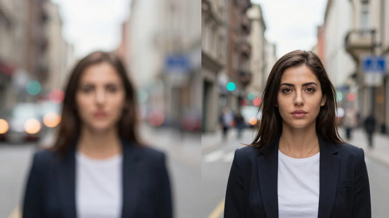 Side-by-side comparison of shallow versus deep depth of field in a portrait