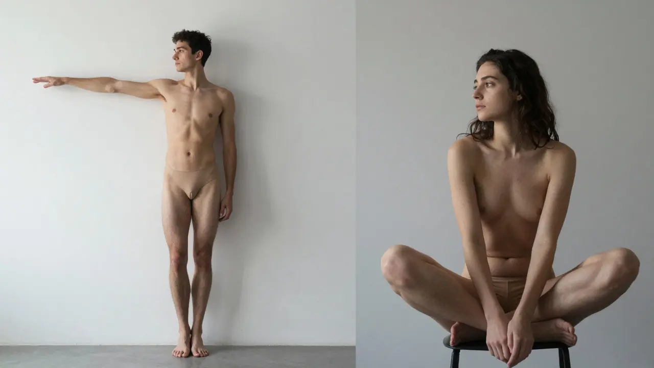 Side-by-side comparison of standing and seated posing techniques