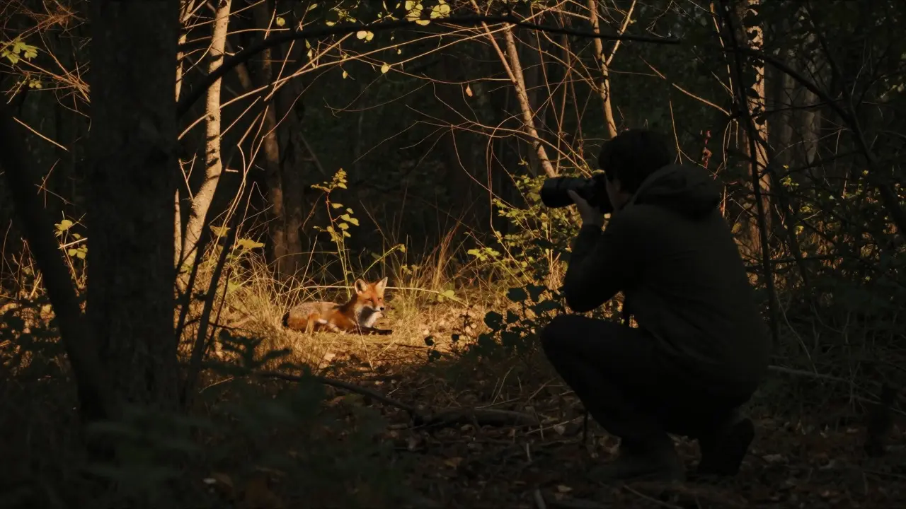 Silhouette of a photographer observing a fox in evening light