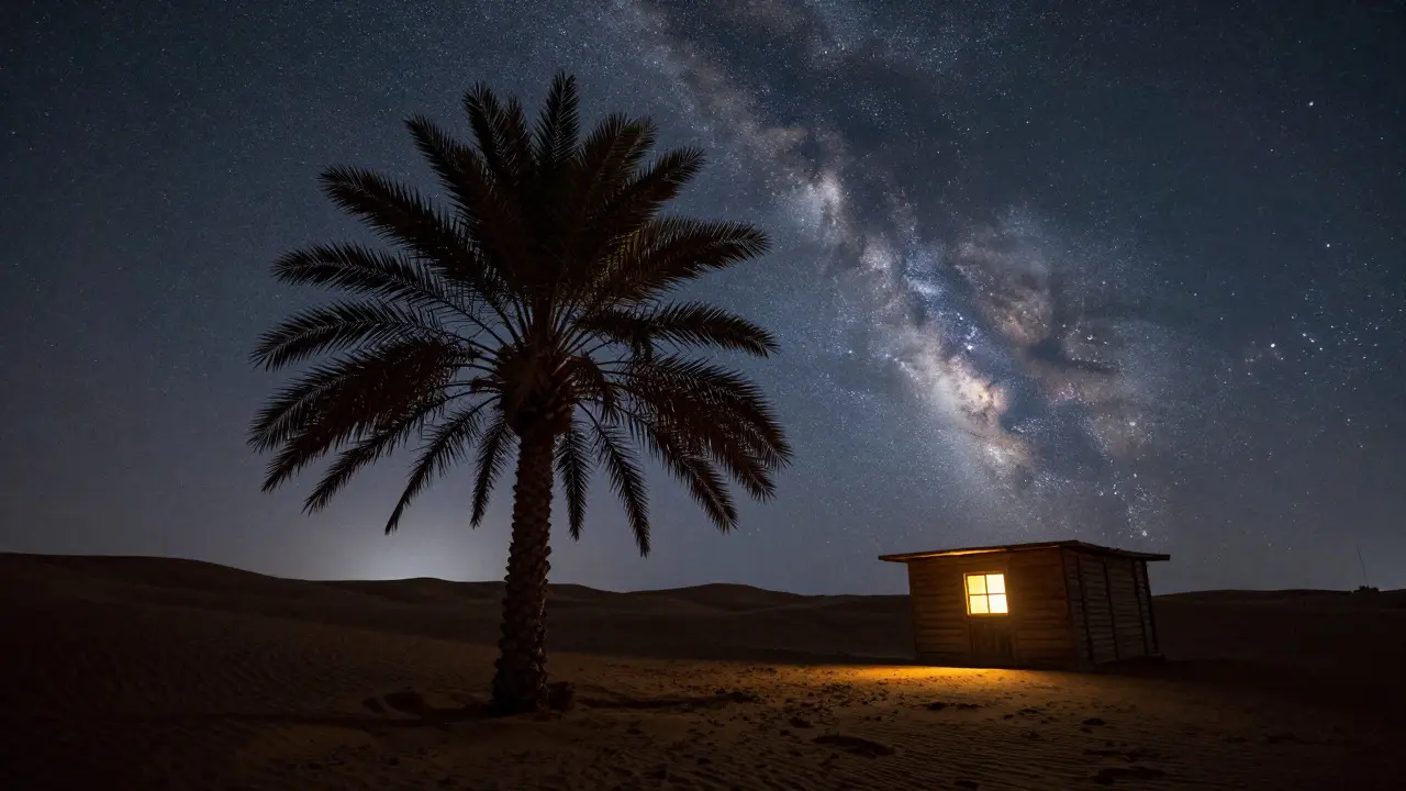 Silhouetted palm tree and glowing cabin beneath stars
