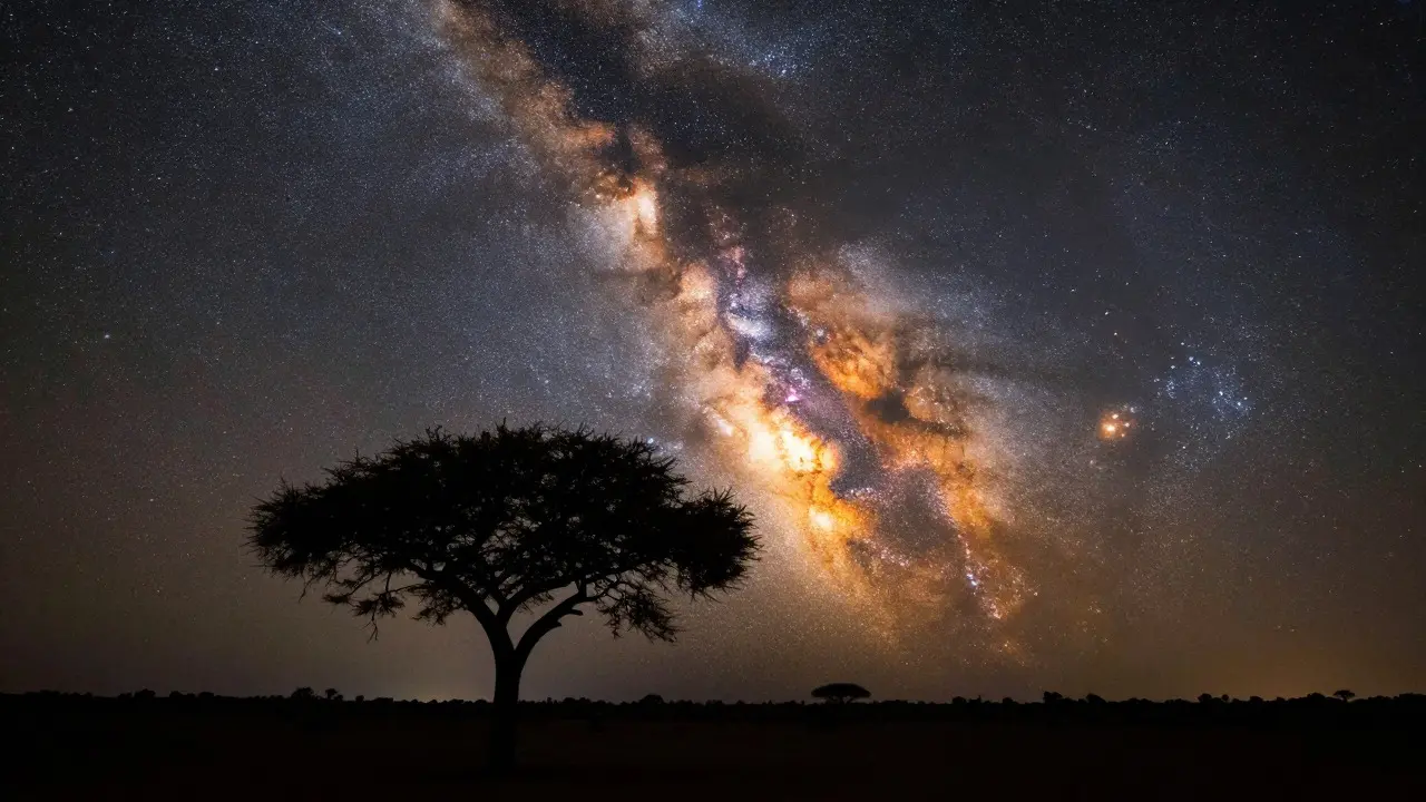 Silhouetted tree against a golden and blue Milky Way sky