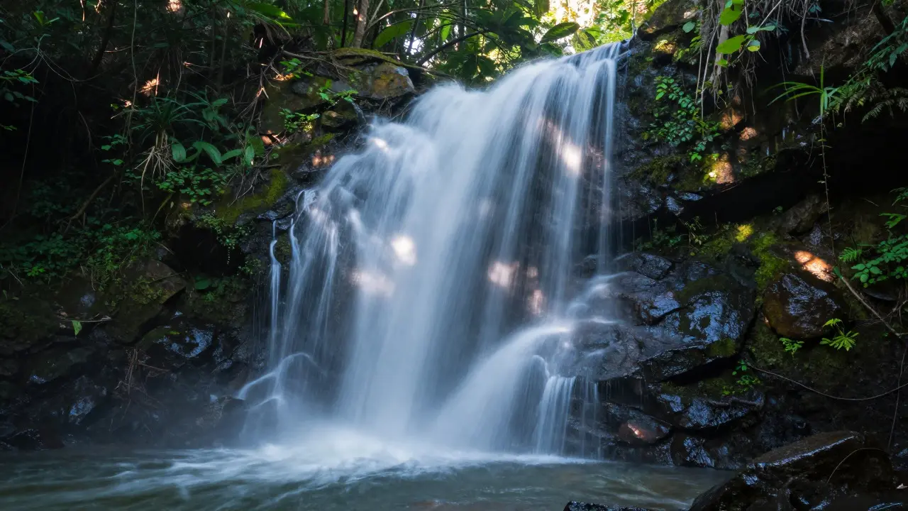 Silky waterfall flowing over mossy rocks in a forest, created with long exposure photography