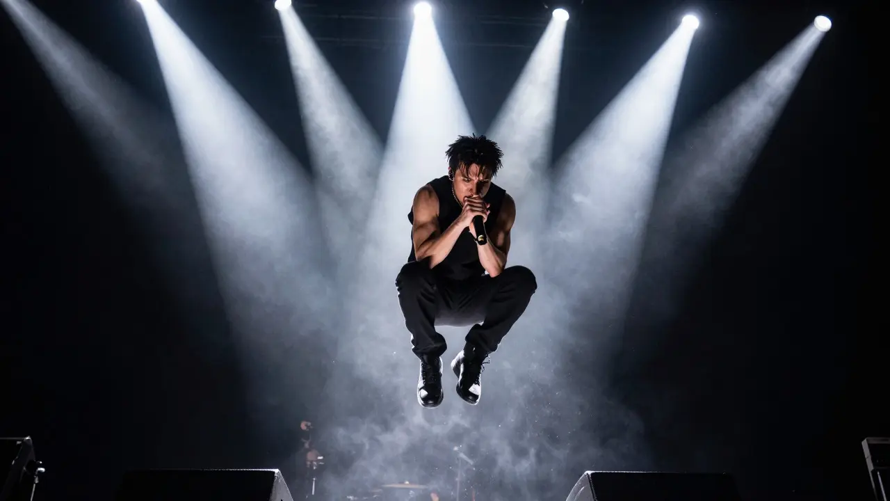 Singer frozen mid-air under bright spotlights on a dark stage