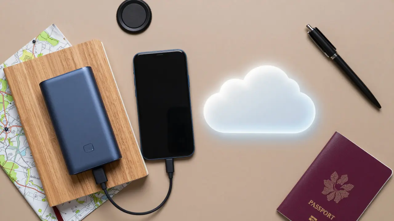 Smartphone charging next to a power bank with a visual cloud sync concept