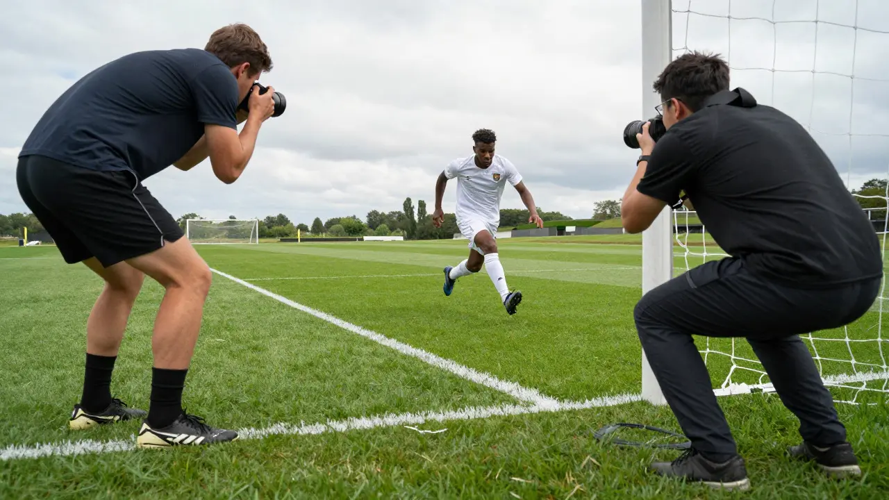 Soccer player sprinting past photographer who maintains safe distance on touchline