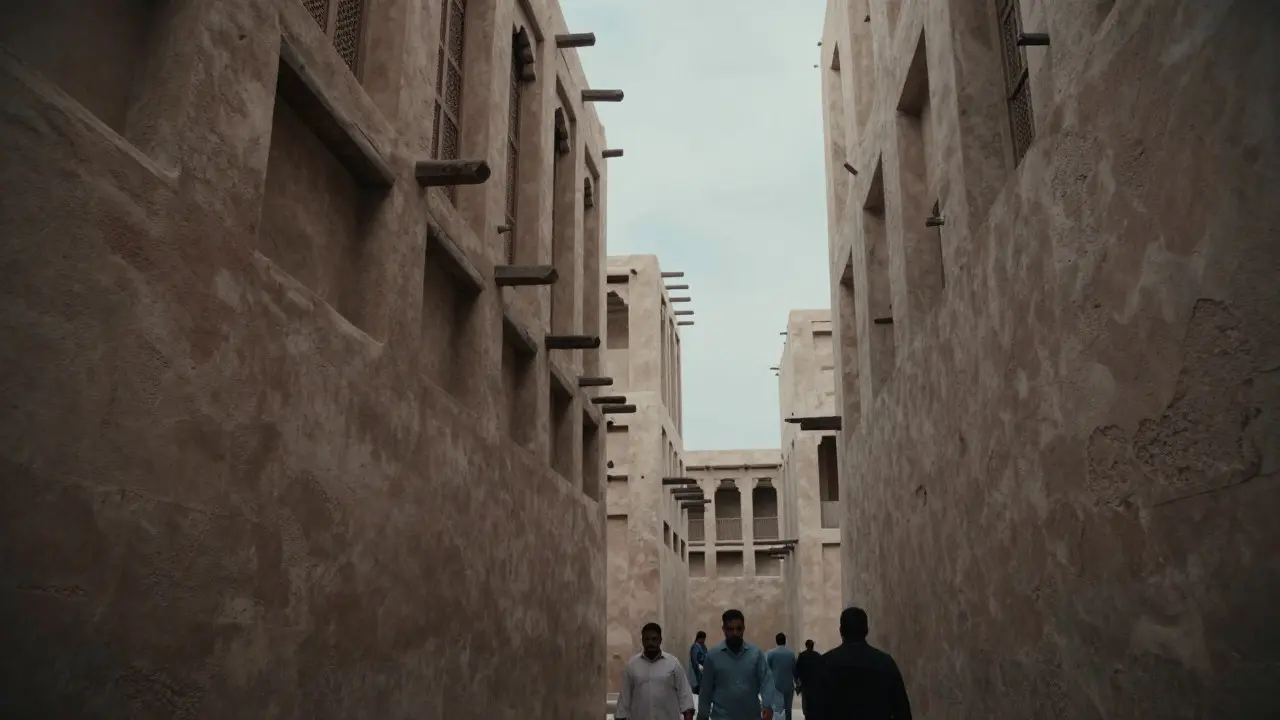 Softly lit narrow alley with textured stone walls under an overcast sky