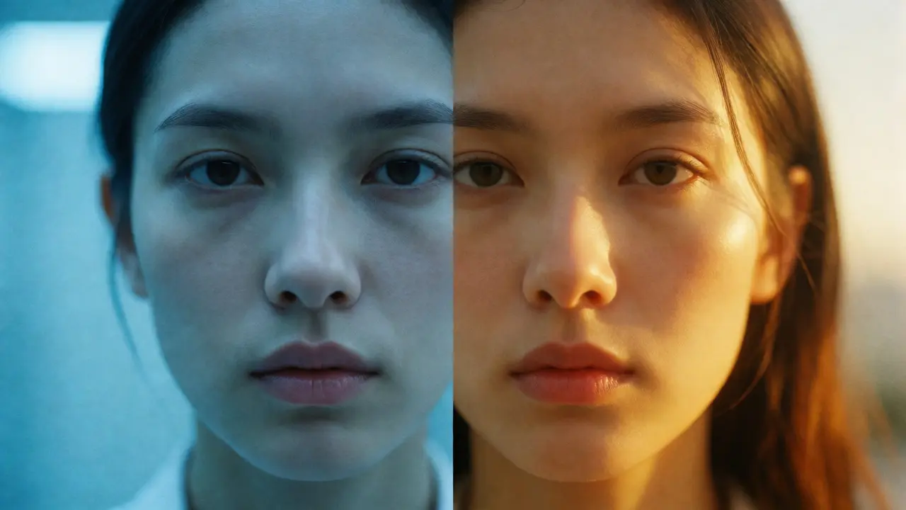 Split portrait comparing cool blue tones with warm golden lighting