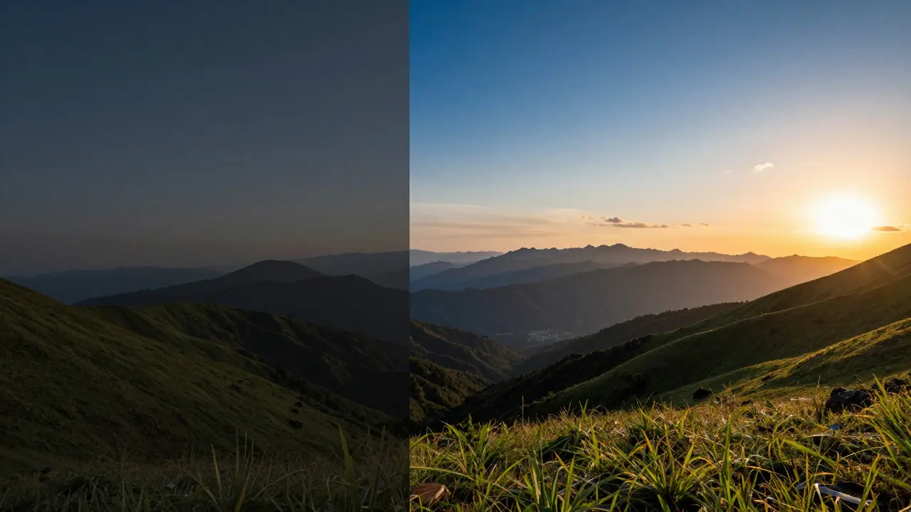 Split view comparing a dull raw landscape photo with its vibrant edited version