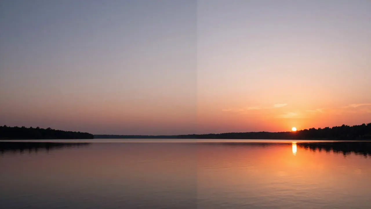 Split view comparing centered versus lower-third horizon placement in landscape art