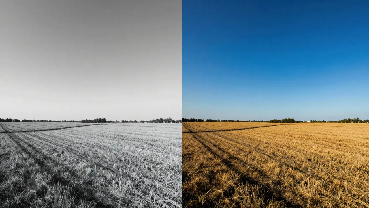 Split view comparing flat raw photo to edited version with recovered detail