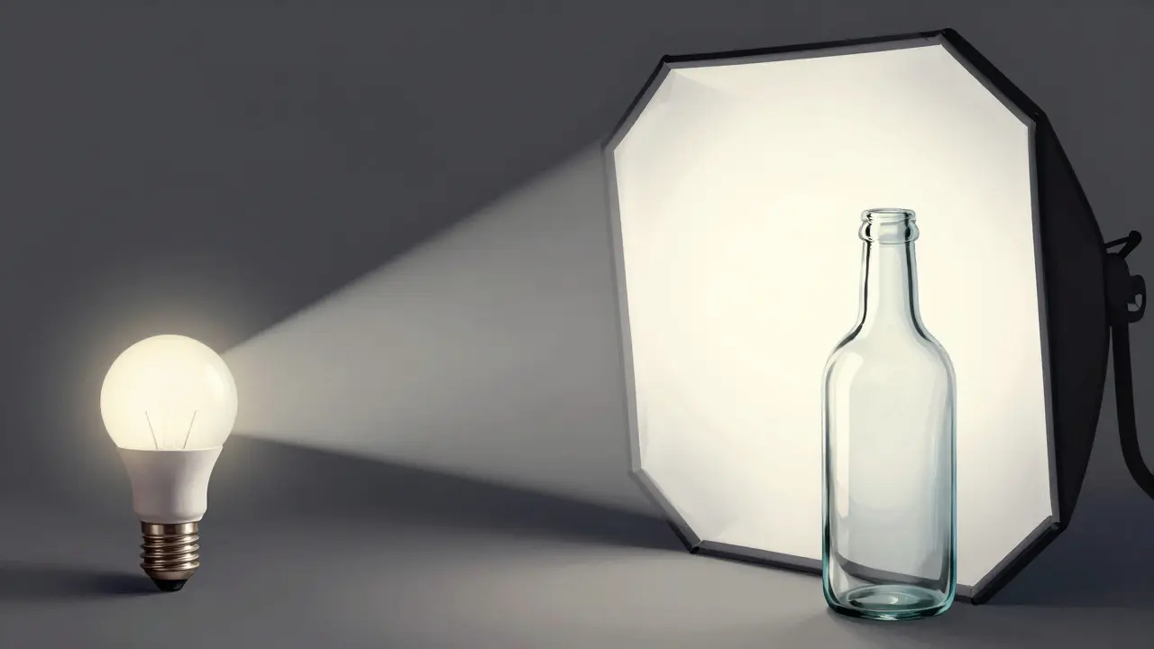 Split view comparing harsh direct light on a bottle versus soft, diffused light from a large softbox.