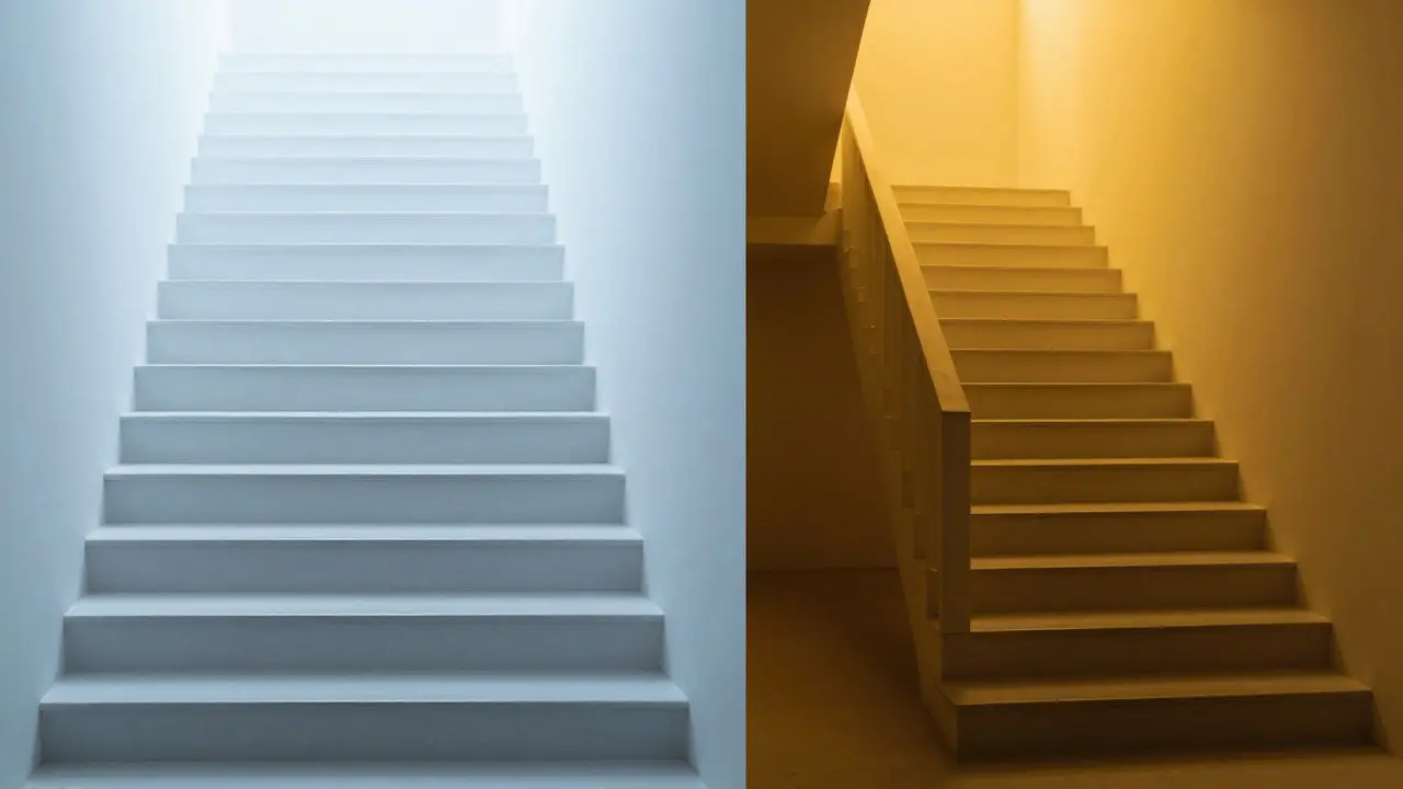 Split view of a staircase showing symmetrical cool light versus tilted warm light