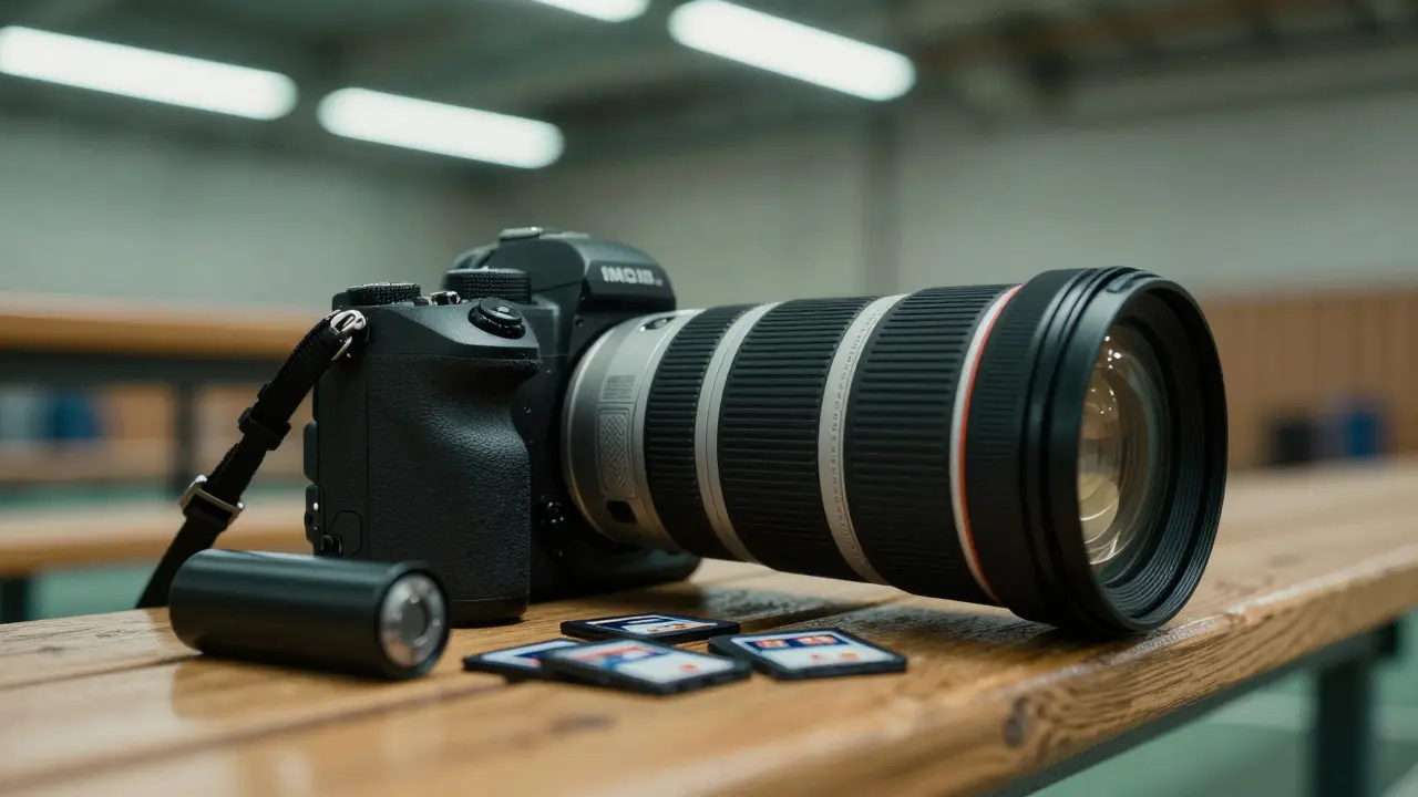 Sports camera gear with telephoto lens on a gym bench