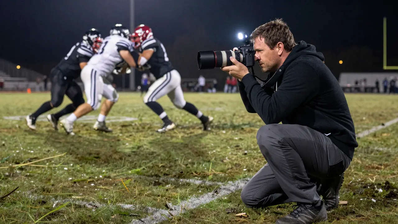Sports photographer using a telephoto lens to capture a football collision during a game