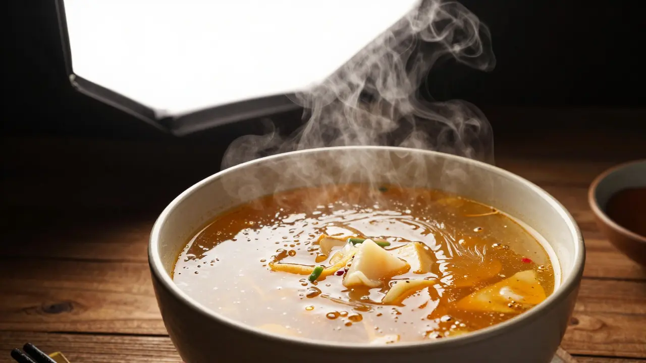 Steaming bowl of soup illuminated by diffused overhead light highlighting texture