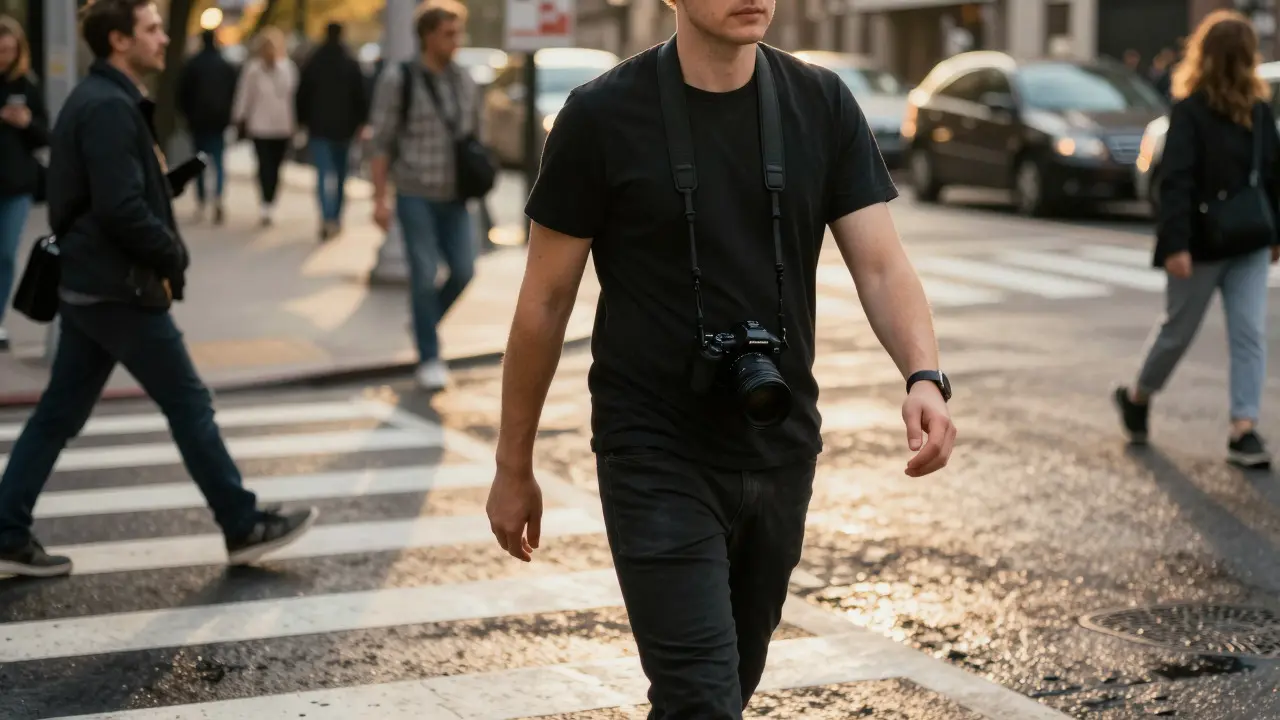 Street photographer using a sling strap for mobility in an urban environment