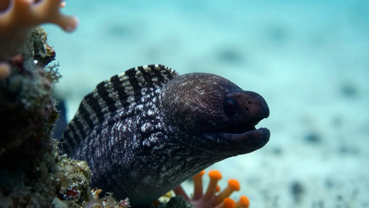 Striped moray eel emerging from coral against a turquoise background