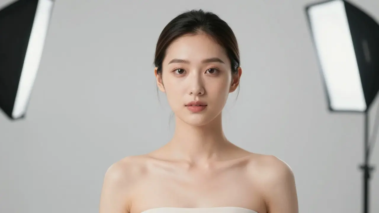 Studio portrait of a woman with soft lighting and a clean, blurred background