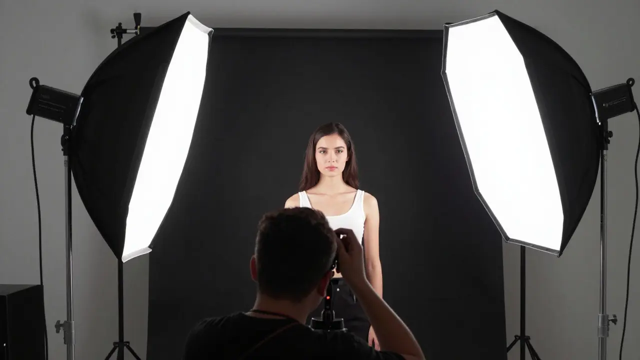 Studio scene showing a model and two softbox lights for cross-lighting