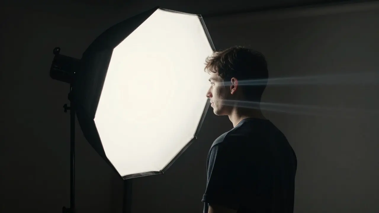 Studio setup showing light positioned behind subject for short lighting technique