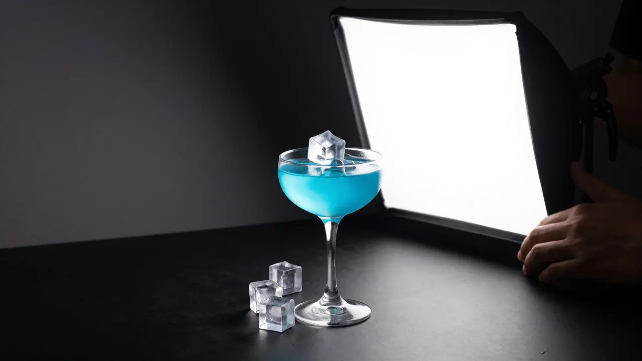 Studio setup with backlit acrylic ice cubes in a blue cocktail glass