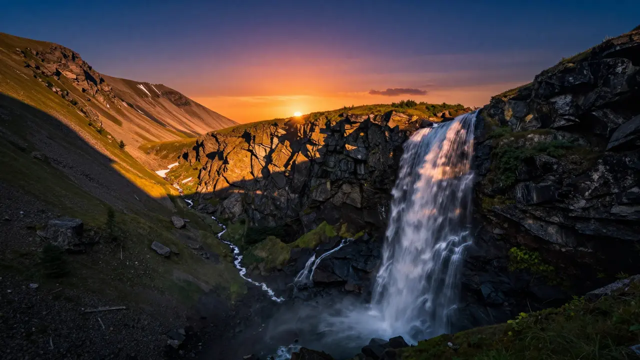 Summer waterfall scene with long shadows and golden hour light