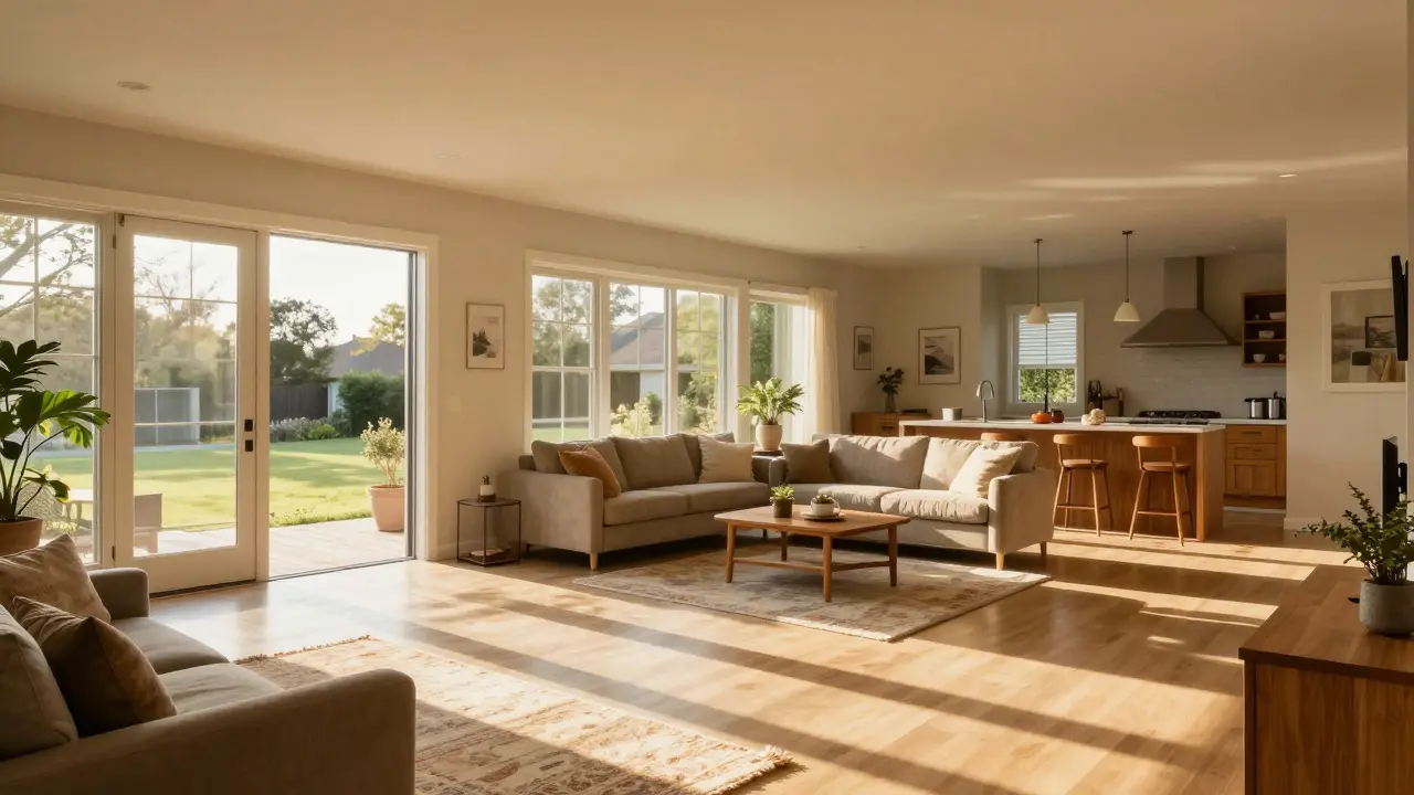 Sunlit open-plan living room captured with natural perspective and deep focus